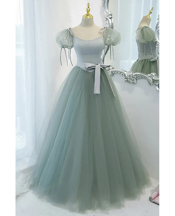 Luolandi Unique and elegant mint green square neck fluffy short sleeved ball dress with backless strap bow belt and floor length prom dress
